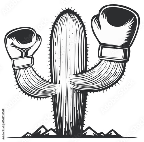 Cartoon Cactus with Boxing Gloves Punching Up Ready to Fight, Black and White Illustration