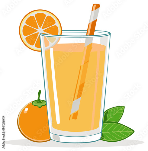 Refreshing orange juice in a tall glass with a slice of orange and a straw