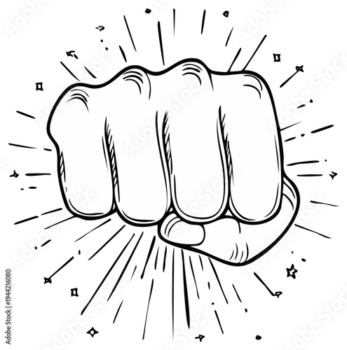 Hand drawn clenched fist with burst elements radiates strength, power, determination