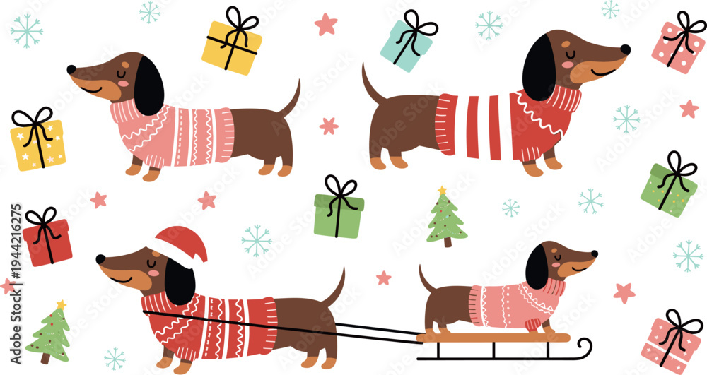 Obraz premium Cute Christmas Dachshund Dogs Vector Set with Sweaters, Gifts, Snowflakes and Winter Holiday Cartoon Sausage Dog Illustration