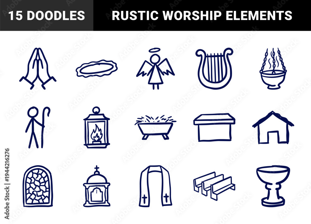 Obraz premium Hand-drawn religious and spiritual symbols for church ministry. Naive marker sketch illustrations featuring christian worship and nativity elements.