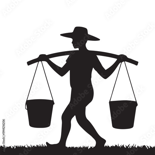 A farmer carrying buckets on a yoke a striking silhouette