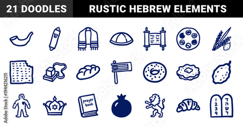 Hand-drawn Jewish religious symbols and holiday elements for cultural identity. Rustic, naive marker sketch illustrations of Hebrew tradition.