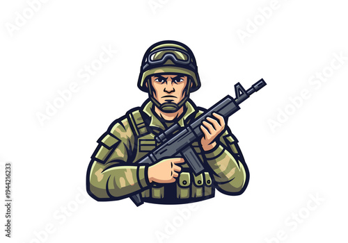 Modern Soldier Holding Assault Rifle Ready for Combat.
