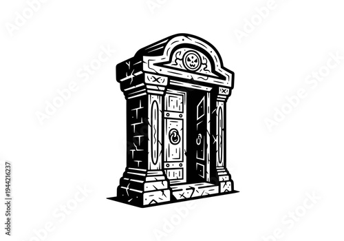 Ornate Stone Entrance Portal With Open Doors Illustration.