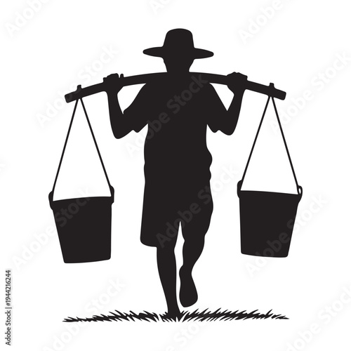 A farmer carrying buckets on a yoke a striking silhouette