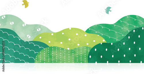 Abstract rolling hills landscape with birds, cute green watercolor background, landscape, abstract
