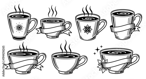Collection of Hand Drawn Coffee Cups with Steam and Ribbons.
