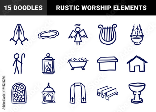 Hand-drawn religious and spiritual symbols for church ministry. Naive marker sketch illustrations featuring christian worship and nativity elements.
