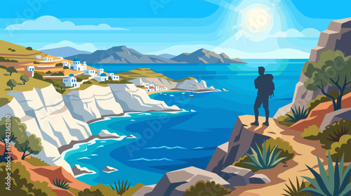 Silhouette of a hiker standing on a cliff overlooking a vibrant Greek island village and turquoise coastline on a bright, sunny day, offering a sense of adventure and exploration.