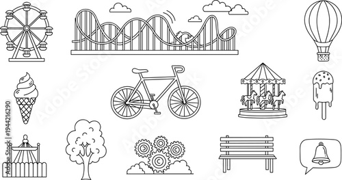 Collection of amusement park and leisure icons in a simple line art style
