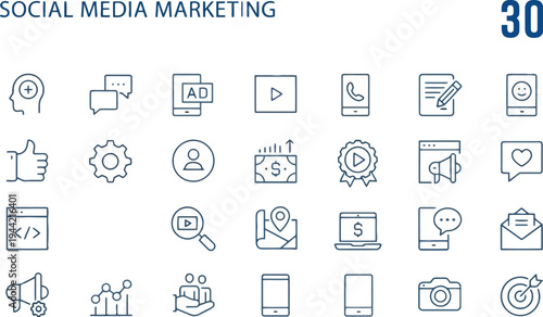 Social media marketing line icons set, digital advertising and communication, online advertising