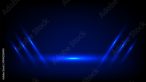 Futuristic blue neon light background with glowing lines and reflections creates dynamic and modern atmosphere