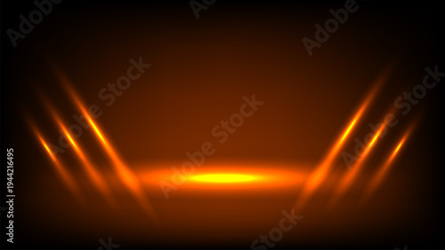 Glowing abstract background with orange light beams and central illuminated area. design is dynamic and futuristic