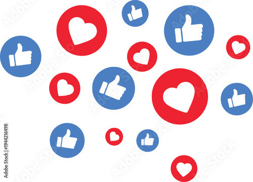 Social media likes and hearts icons floating on white background, social engagement concept
