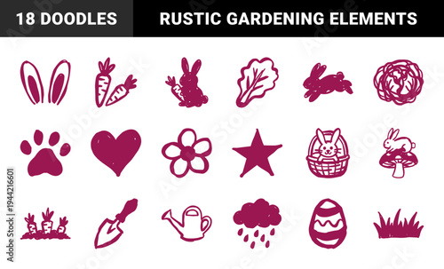 Hand-drawn spring garden and Easter rabbit elements for organic branding. Rustic naive marker sketch illustrations featuring bunny and gardening concepts.