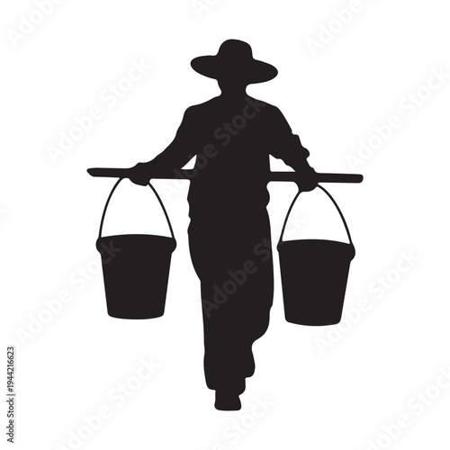 A farmer carrying buckets on a yoke a striking silhouette