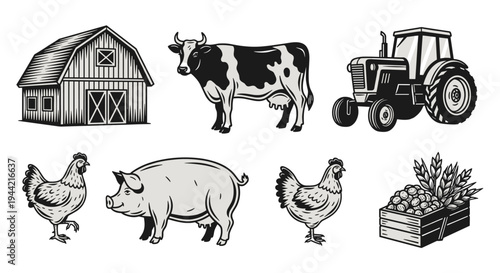 Vintage Farm Animals and Equipment Illustration Set.