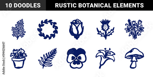 Hand-drawn botanical doodles and floral elements for organic branding. Rustic naive marker sketch illustrations featuring garden flowers and foliage.