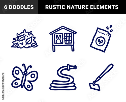Hand-drawn garden and backyard nature elements for organic brand identity. Rustic, naive marker sketch illustrations featuring sustainable gardening concepts.