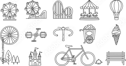 Collection of amusement park and outdoor activity icons in a simple line art style