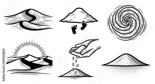 Collection of desert sand dune and wind illustrations.
