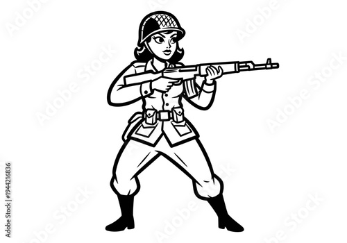 Cartoon Female Soldier Aiming Rifle Illustration.