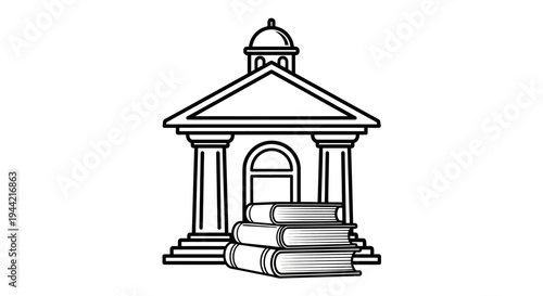 Classical building with stacked books icon. Education, library, university, or knowledge symbol. Outline vector graphic.