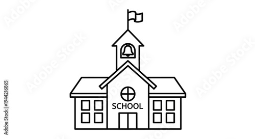 School Building Line Art Icon with Bell Tower and Flag, Generic Education Institution Outline Graphic