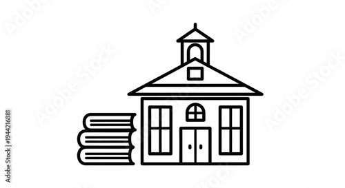 Education school building and stacked books line icon. Learning, knowledge, academic studies, university, college, library symbol.