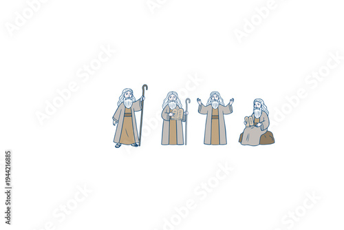 Moses Biblical Character Vector Set. Jewish Prophet with Ten Commandments Tablets, Staff and Robe Illustration Collection. Concept for Passover Jewish holiday.