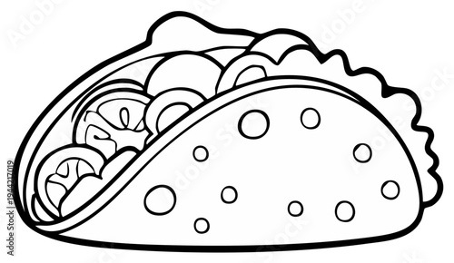 Taco Illustration Fresh Ingredients Classic Mexican Food Black and White Line Art Meal