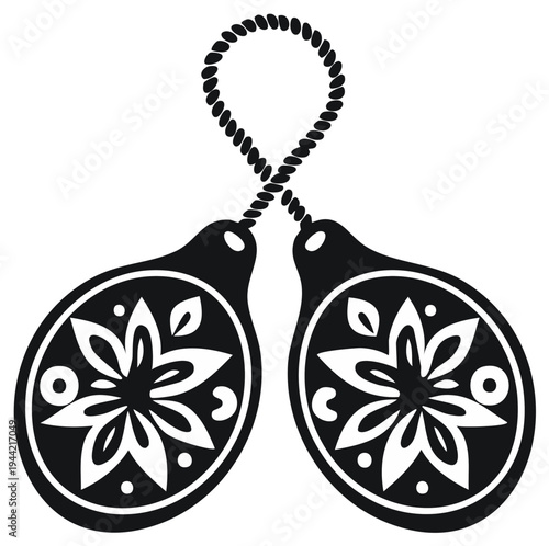 Black and White Castanets Illustration with Floral Motif and Rope