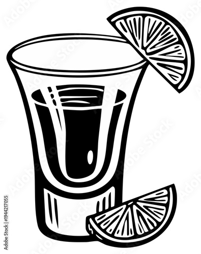Stylized tequila shot with lime wedges in vector illustration