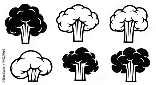 Set of Broccoli Icons in Black and White Styles.