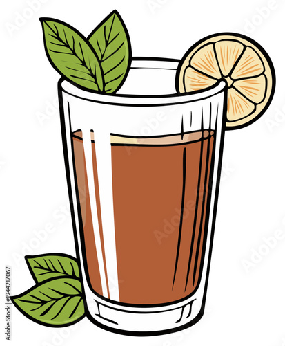 Refreshing beverage with lemon and mint in a tall glass, vector illustration