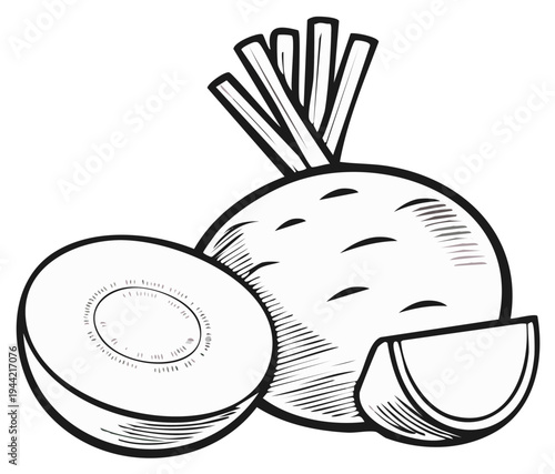 Hand drawn illustration of a whole and sliced beetroot root vegetable with leafy greens