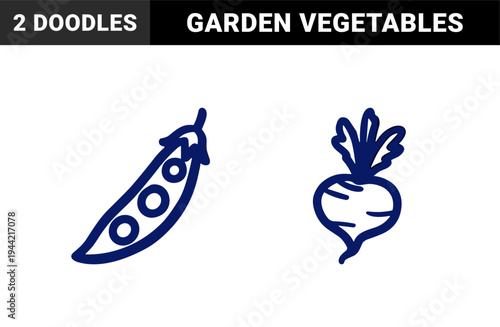 Hand-drawn vegetable garden doodles for organic food branding. Rustic naive marker sketch of a fresh beetroot and pea pod for farm-to-table menus.