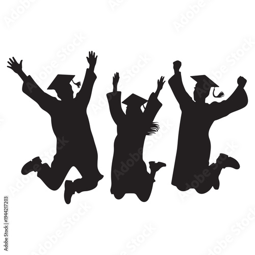 Joyful graduates celebrate success with arms raised a silhouette