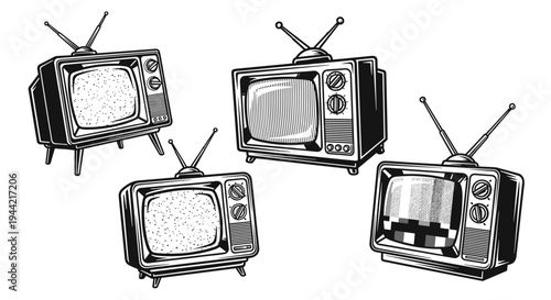 Vintage Television Sets Collection Black and White Illustration.