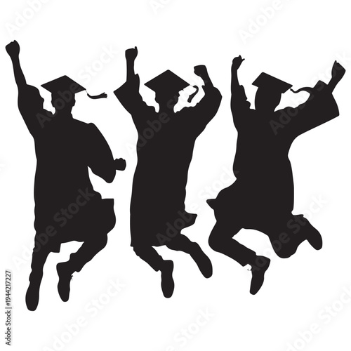 Joyful graduates celebrate success with arms raised a silhouette