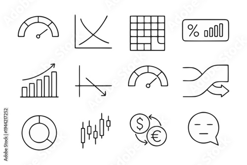 Market Economic Pressure Icon Set include Inflation Index Gauge, Supply-Demand Curve Chart, Stock Volatility Heatmap, Interest Rate Ticker