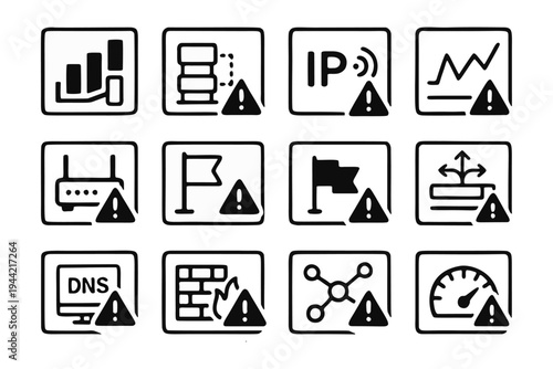 Network Traffic Surge Warning Icon Set include Bandwidth Threshold Alert, Packet Loss Counter, IP Flood Indicator, Latency Spike Graph, Router Overload Signal