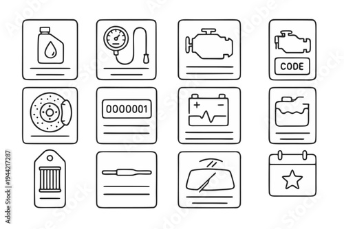 Vehicle Maintenance Tracking Icon Set include Oil Change Reminder Card, Tire Pressure Gauge Log, Service History Timeline, Engine Diagnostic Code Record