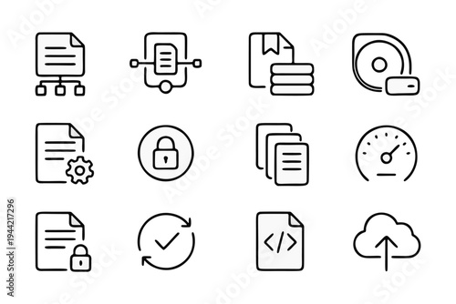 System File Stream Virtual Platform Icon Set include File Chunk Buffer, Stream Pipeline Node, Metadata Indexer, Virtual Disk Mount Point, Data Compression Engine