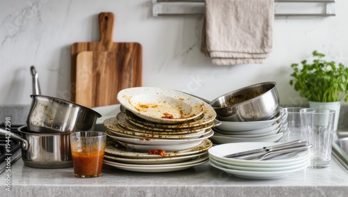 Piles of dirty dishes await cleaning after a lively dinner party in the cozy kitchen