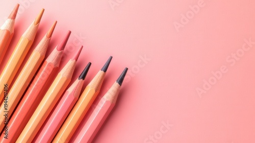 Colorful peachy pencils arranged neatly in a fan shape on dusty rose background
