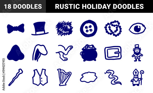 Saint Patrick's Day Irish folklore elements in a naive marker sketch style. Rustic hand-drawn doodles featuring leprechauns, harps, and stout.