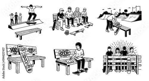 Skateboarding Lifestyle Collection Diverse Scenes People and Boards.