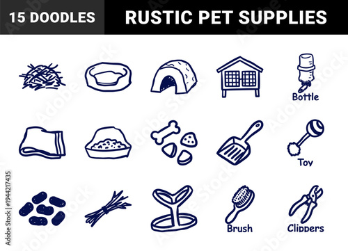 Hand-drawn pet care essentials and animal supply doodles. Rustic marker sketch illustrations featuring grooming, feeding, and habitat accessories.